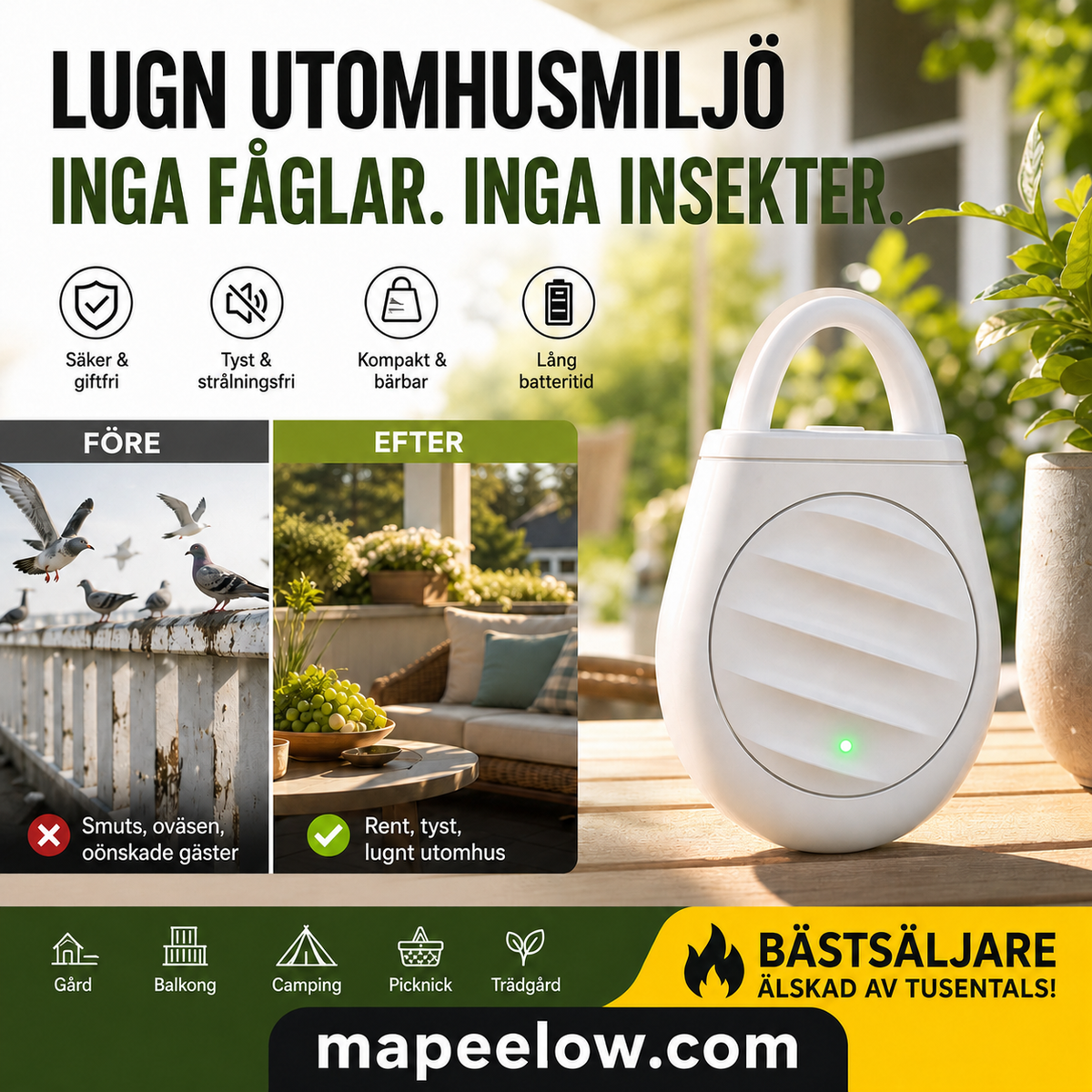 🐦 Bærbar ultralydsskræmmer mod fugle og skadedyr