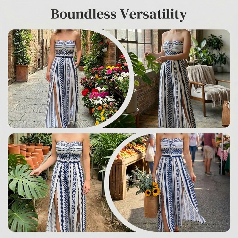 👗 50 % RABAT NU! 🌺 Geometrisk jumpsuit med sideslids – elastisk ryg & unikt mønster ✨