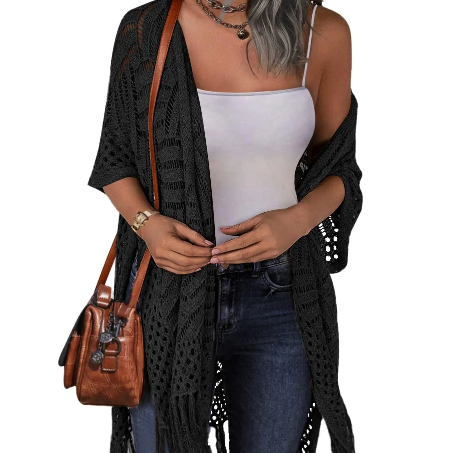 🔥Oversized strikcardigan til kvinder – let hæklet kimono med kvaster til forår og sommer 🌸