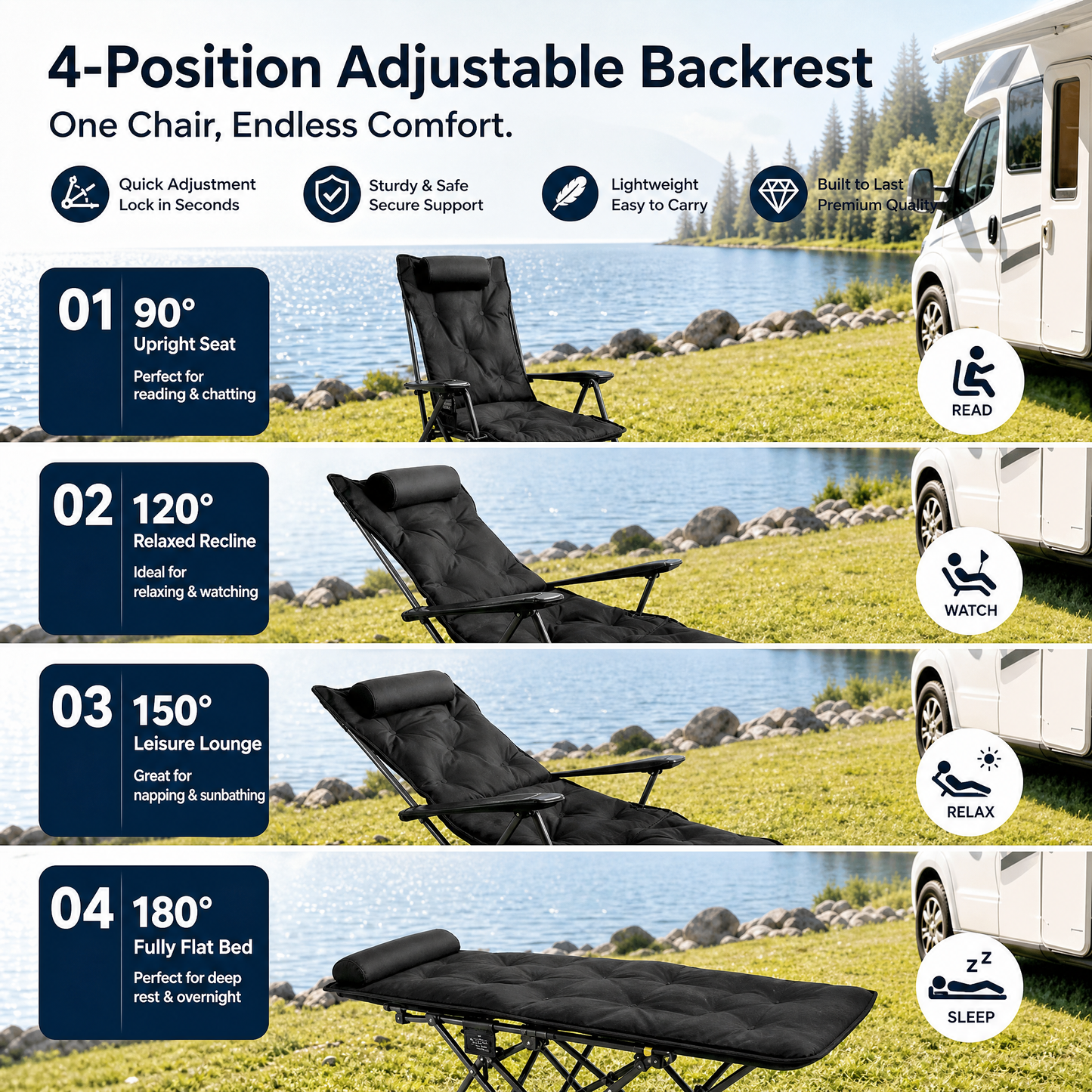 🪑 Bærbar justerbar klapstol til udendørs brug – let, stabil & alsidig – ideel til have, camping, strand eller terrasse – nem transport og opsætning 🏕️✨