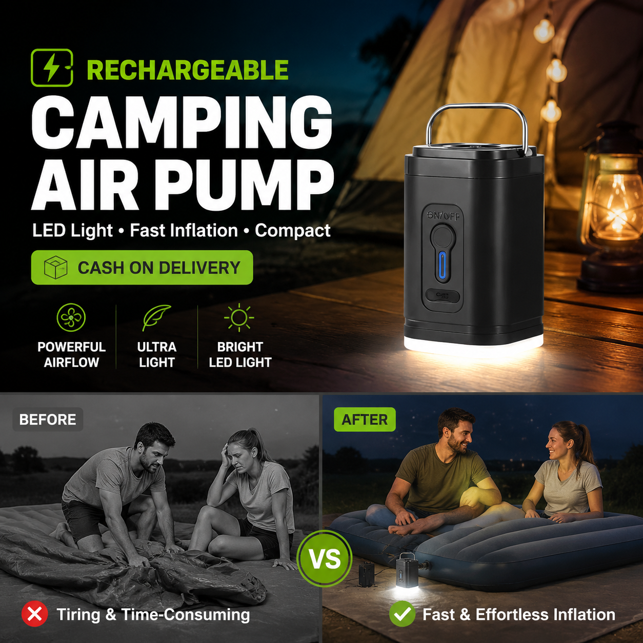 🏕️ Genopladelig camping-luftpumpe – LED-lys, hurtig oppumpning, kompakt – betaling ved levering 🔋
