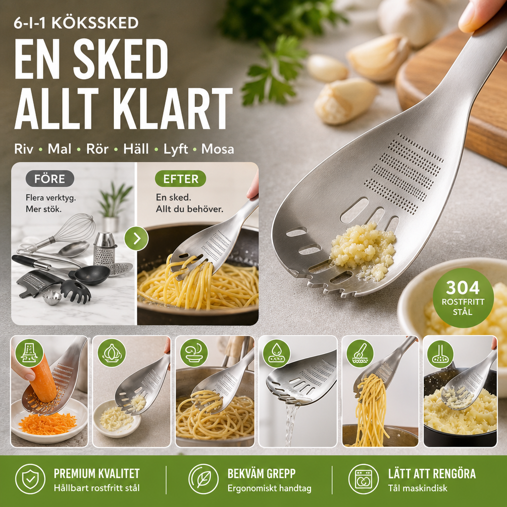 🍳 50 % RABAT NU! ✨ Multifunktionel køkkenske i rustfrit stål – til madlavning, servering & daglig brug 🥣