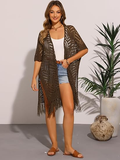 🔥Oversized strikcardigan til kvinder – let hæklet kimono med kvaster til forår og sommer 🌸