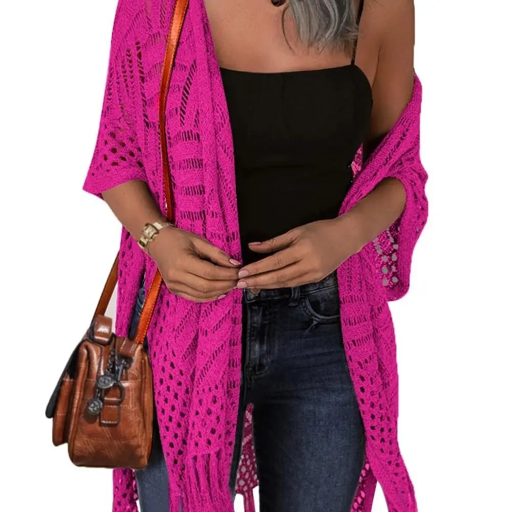 🔥Oversized strikcardigan til kvinder – let hæklet kimono med kvaster til forår og sommer 🌸