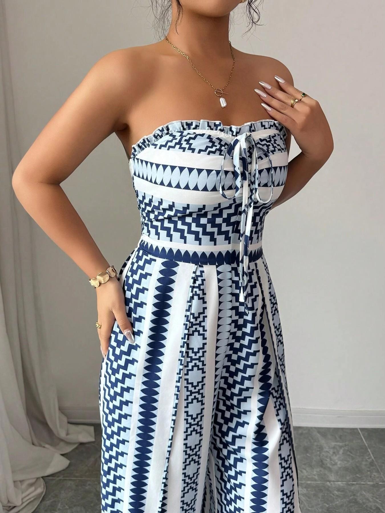 👗 50 % RABAT NU! 🌺 Geometrisk jumpsuit med sideslids – elastisk ryg & unikt mønster ✨