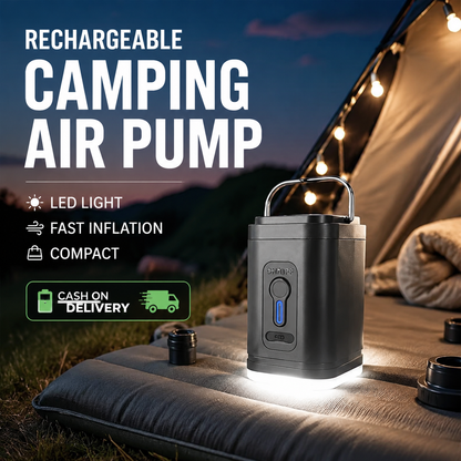 🏕️ Genopladelig camping-luftpumpe – LED-lys, hurtig oppumpning, kompakt – betaling ved levering 🔋
