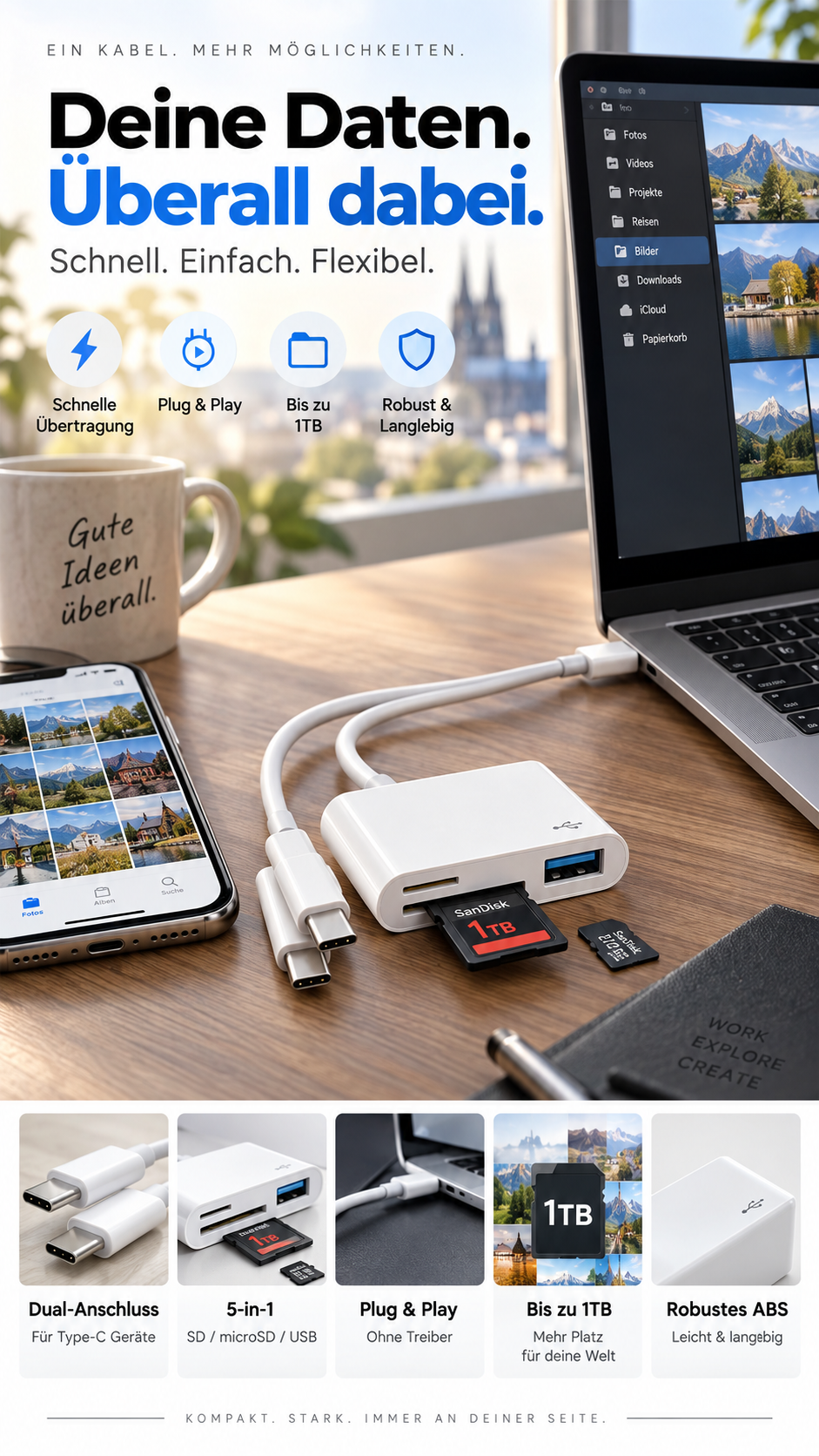 💾✨ 5-i-1 hukommelseskortlæser med flere porte – nem filhåndtering 🔌📱