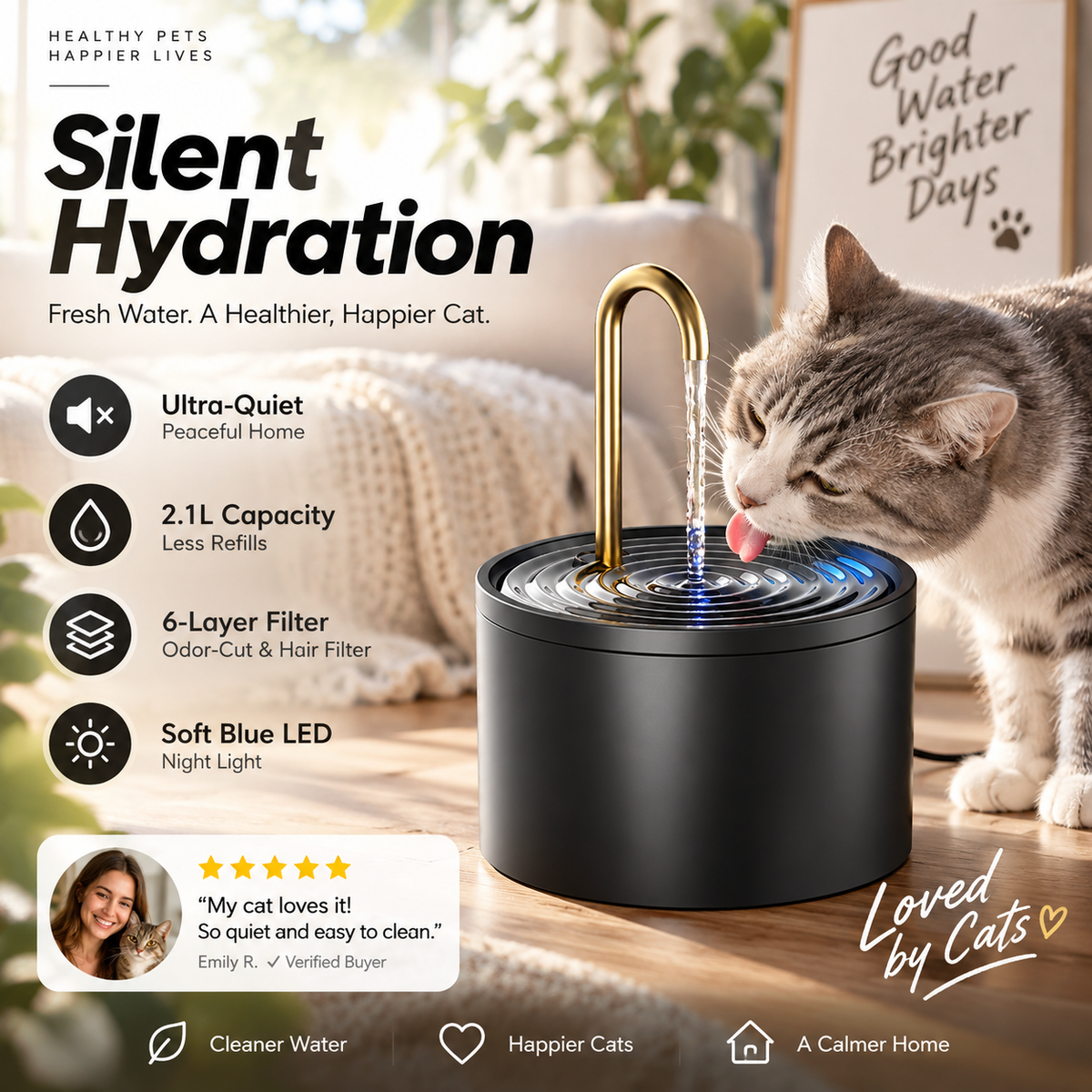 🐱 Lydsvag vandfontæne til katte – 2,1 L med 6-trinsfiltrering, kobbermundstykke og blødt blåt LED-natlys