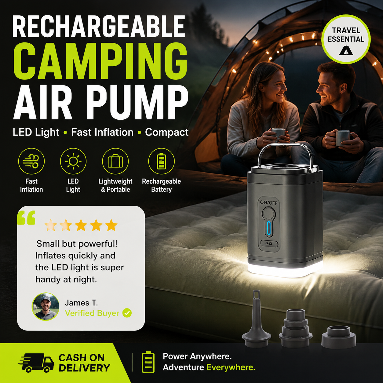 🏕️ Genopladelig camping-luftpumpe – LED-lys, hurtig oppumpning, kompakt – betaling ved levering 🔋
