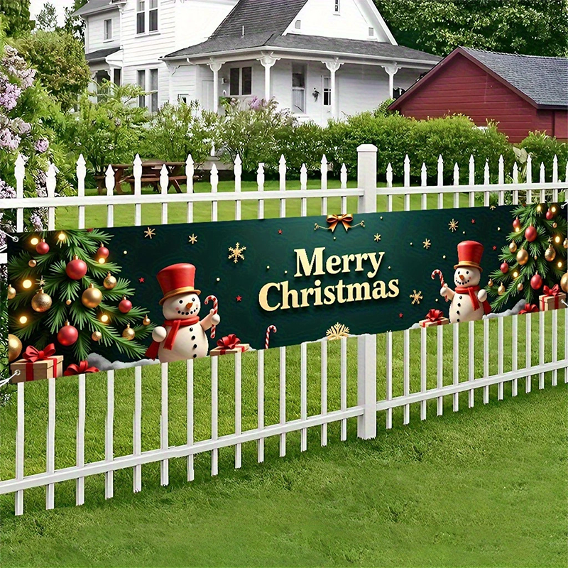 🎅 50 % RABAT! ✨ Udendørs julebanner med julemandsmotiv – farvebestandigt tryk, vejrbestandigt polyester og påmonterede øjer – julepynt til veranda, hegn og have 🎄
