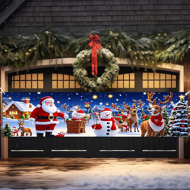 🎅 50 % RABAT! ✨ Udendørs julebanner med julemandsmotiv – farvebestandigt tryk, vejrbestandigt polyester og påmonterede øjer – julepynt til veranda, hegn og have 🎄