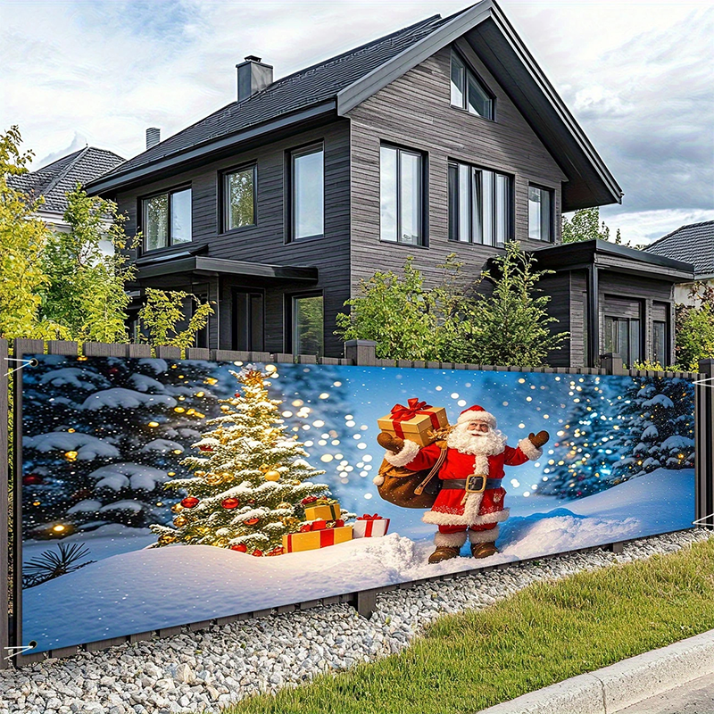 🎅 50 % RABAT! ✨ Udendørs julebanner med julemandsmotiv – farvebestandigt tryk, vejrbestandigt polyester og påmonterede øjer – julepynt til veranda, hegn og have 🎄