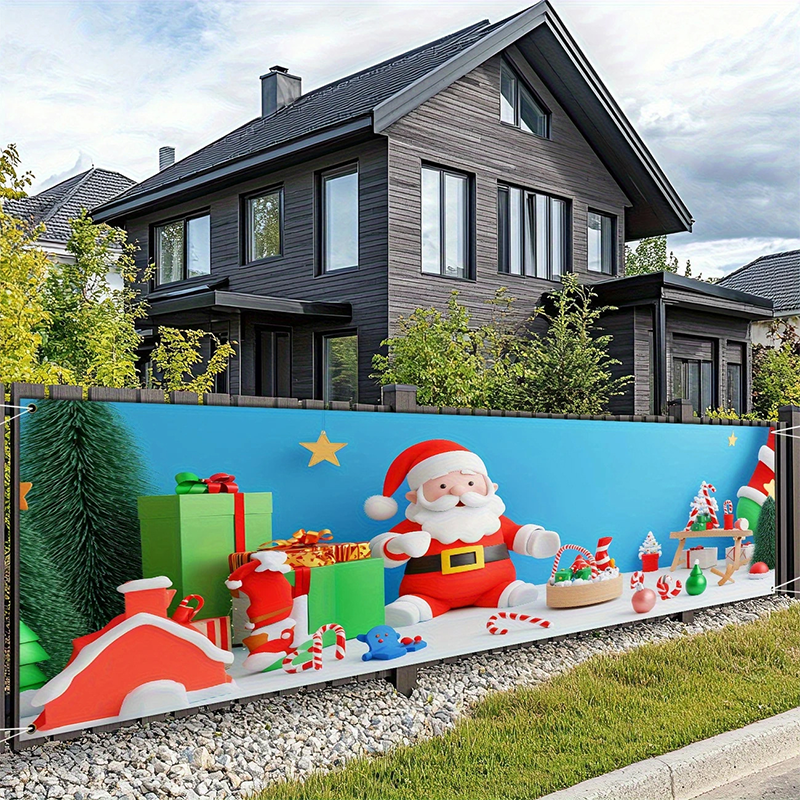 🎅 50 % RABAT! ✨ Udendørs julebanner med julemandsmotiv – farvebestandigt tryk, vejrbestandigt polyester og påmonterede øjer – julepynt til veranda, hegn og have 🎄