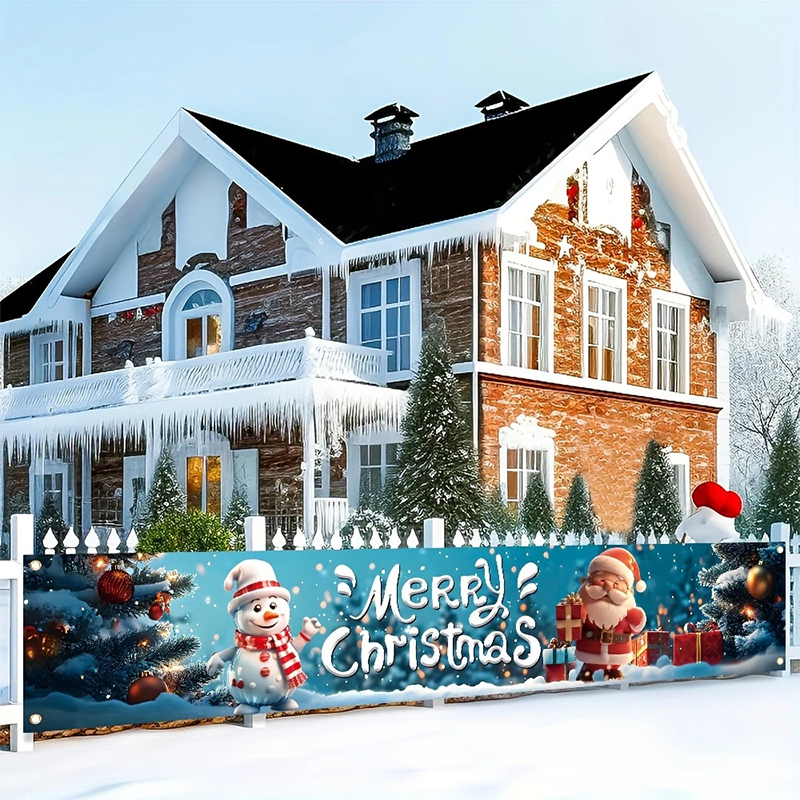 🎅 50 % RABAT! ✨ Udendørs julebanner med julemandsmotiv – farvebestandigt tryk, vejrbestandigt polyester og påmonterede øjer – julepynt til veranda, hegn og have 🎄