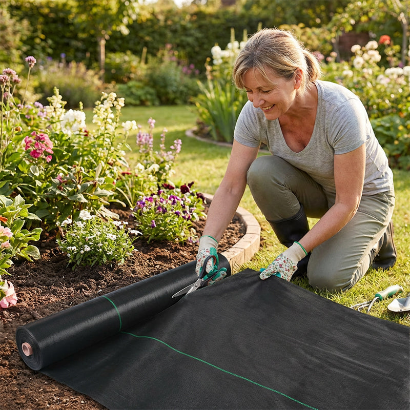 🌿 50 % RABAT NU! ⛏️ Ukrudtsdug – Blokerer sollys, åndbart og slidstærkt – Perfekt til blomsterbede og stier – gør det nemmere at luge 🌱✨