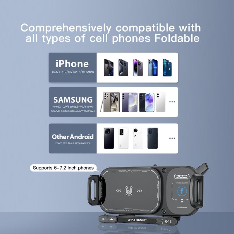 15W trådløs hurtigopladende biltelefonholder til foldbare og almindelige smartphones