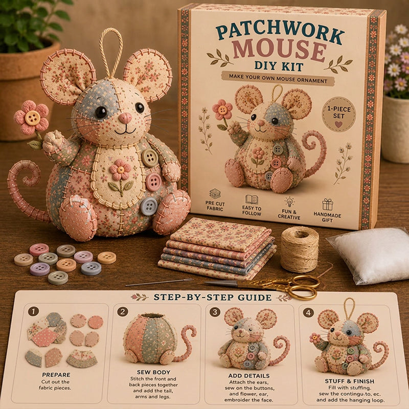 🧵🐭 Vintage patchwork-mus DIY-sæt – Alt inkluderet & perfekt til begyndere!
