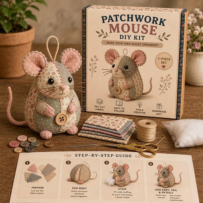 🧵🐭 Vintage patchwork-mus DIY-sæt – Alt inkluderet & perfekt til begyndere!