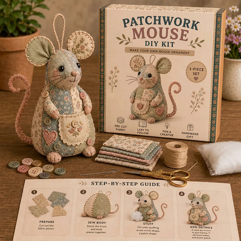 🧵🐭 Vintage patchwork-mus DIY-sæt – Alt inkluderet & perfekt til begyndere!