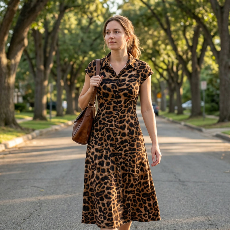 🌸 50% RABAT NU! 🌸 Elegant damekjole med leopardprint og revers