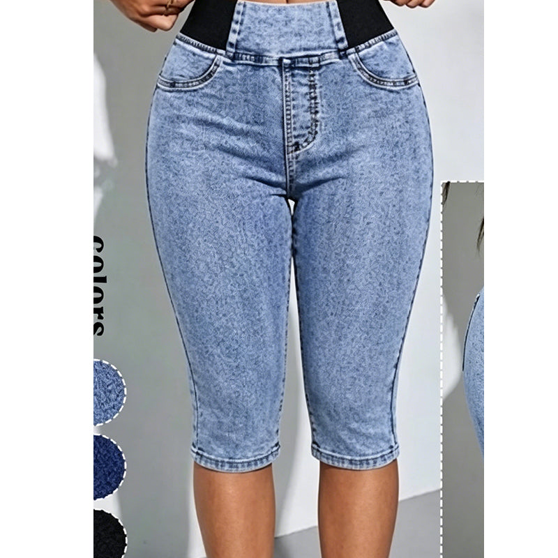 👖 Højtaljede denim-capribukser til kvinder med elastisk talje – cropped jeans