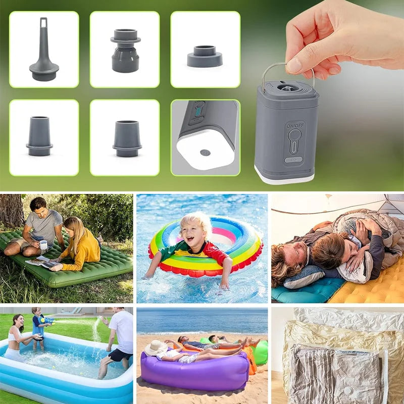 🏕️ Genopladelig camping-luftpumpe – LED-lys, hurtig oppumpning, kompakt – betaling ved levering 🔋