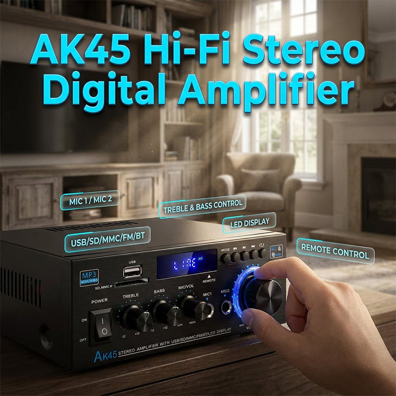 🎶 Digital karaoke-forstærker – Bluetooth, USB og AUX, perfekt til mikrofon, guitar og højttalere, kompakt og nem at tage med 🎸