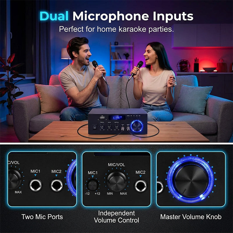 🎶 Digital karaoke-forstærker – Bluetooth, USB og AUX, perfekt til mikrofon, guitar og højttalere, kompakt og nem at tage med 🎸