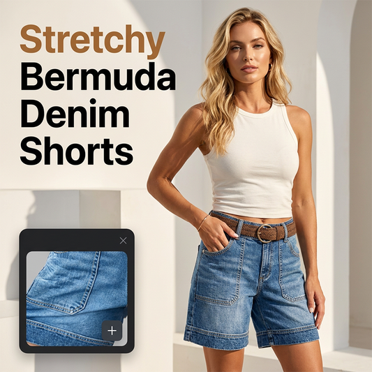 Bermuda-denimshorts til kvinder med mellemhøj talje og lommer