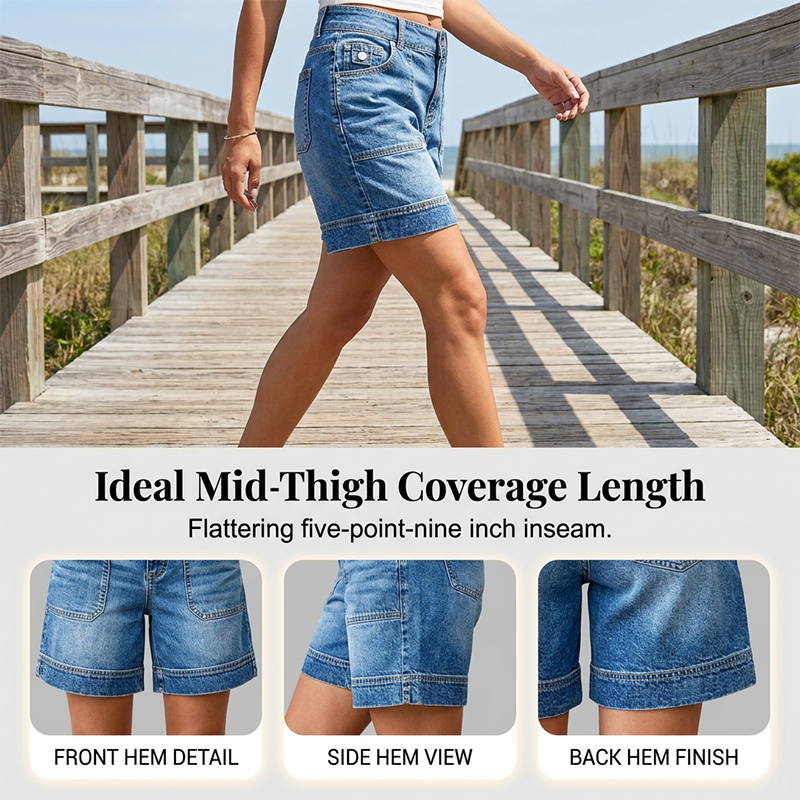 Bermuda-denimshorts til kvinder med mellemhøj talje og lommer