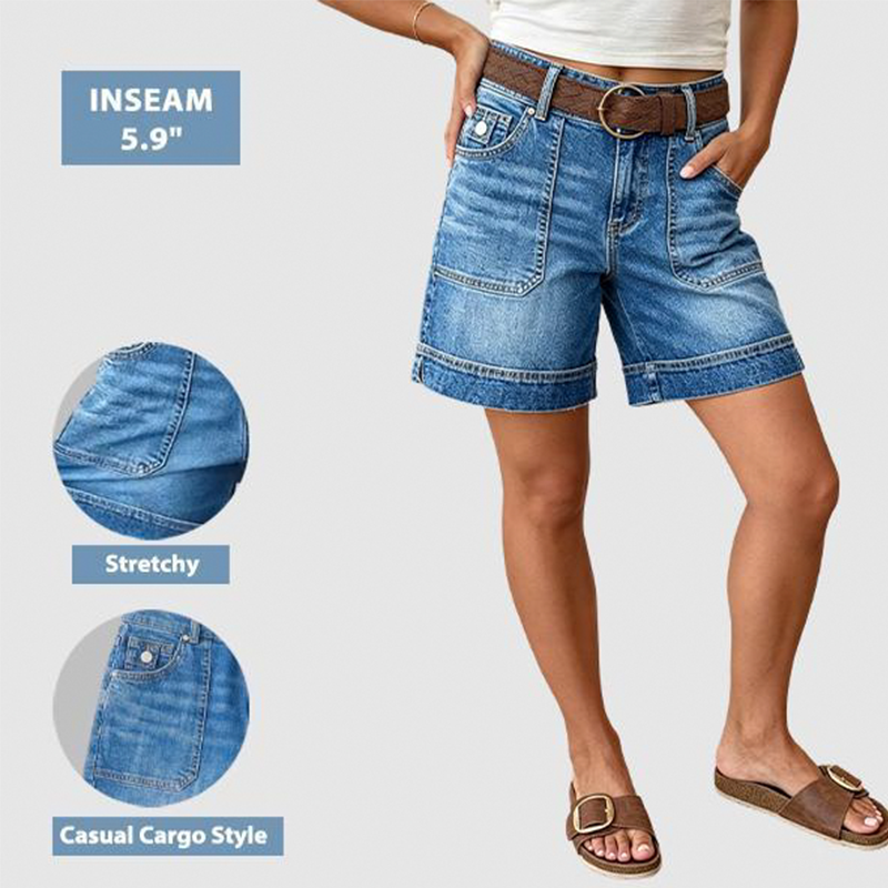 Bermuda-denimshorts til kvinder med mellemhøj talje og lommer