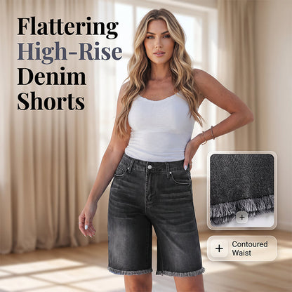 Casual højtaljede denimshorts til kvinder med frynser