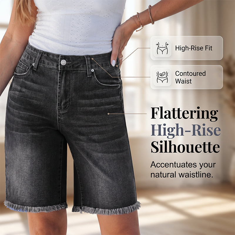 Casual højtaljede denimshorts til kvinder med frynser