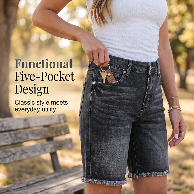 Casual højtaljede denimshorts til kvinder med frynser