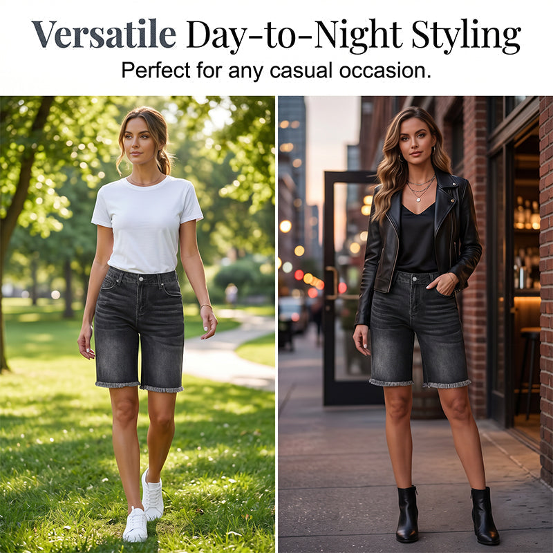 Casual højtaljede denimshorts til kvinder med frynser
