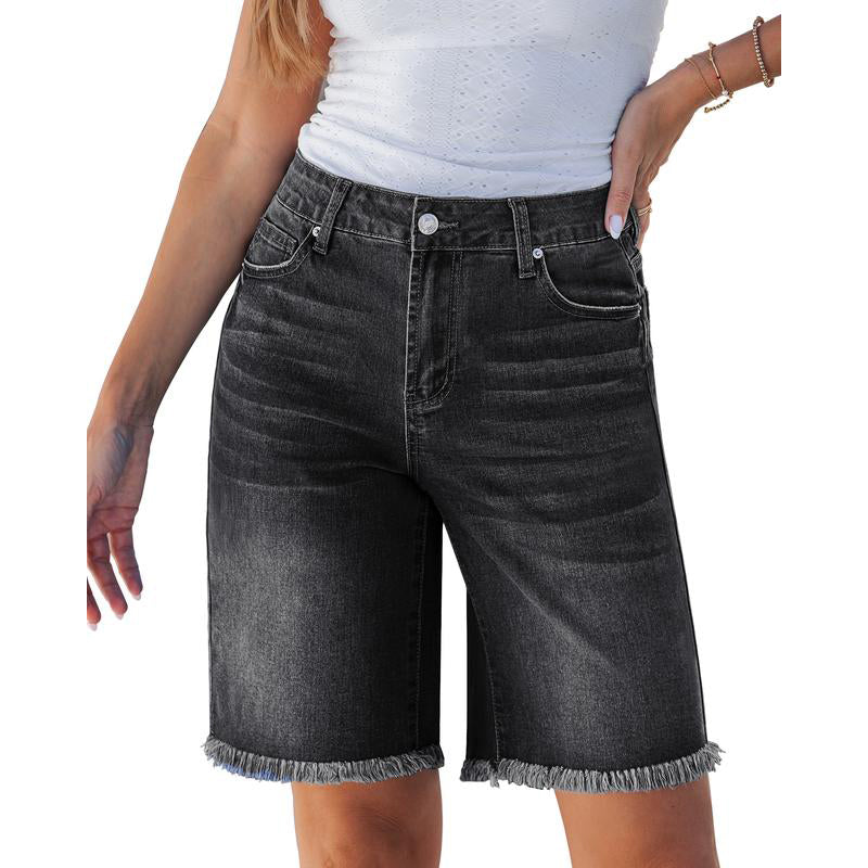Casual højtaljede denimshorts til kvinder med frynser