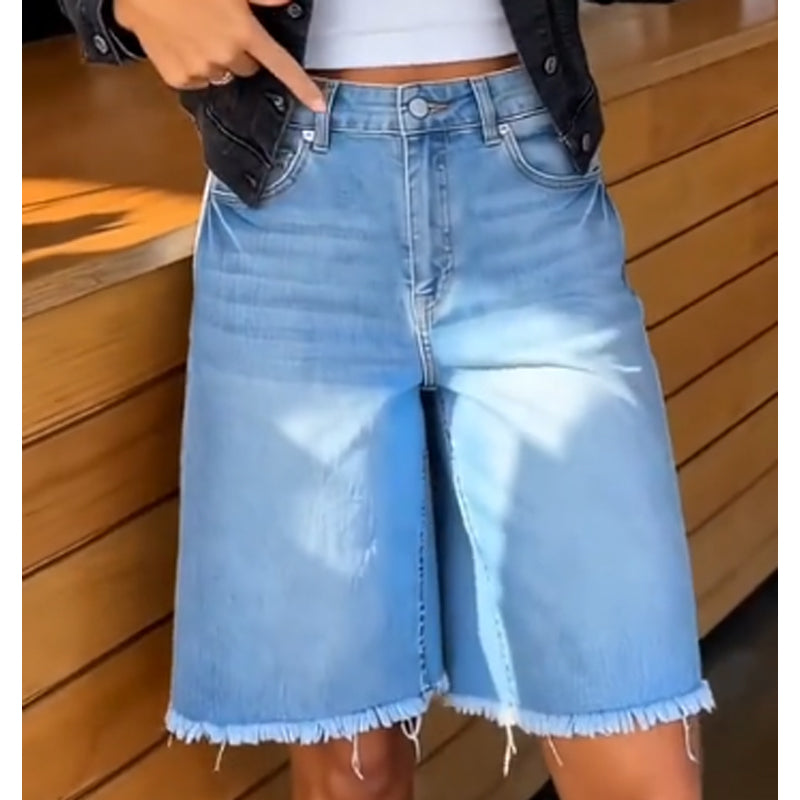 Casual højtaljede denimshorts til kvinder med frynser