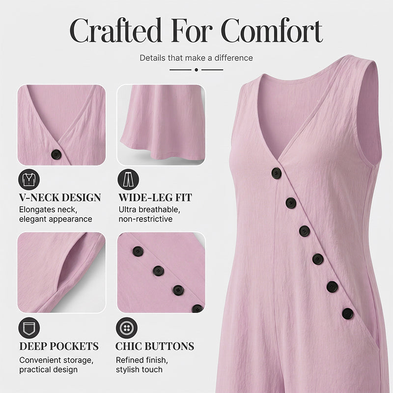 🌸 Elegant V-hals jumpsuit med lommer og vide ben