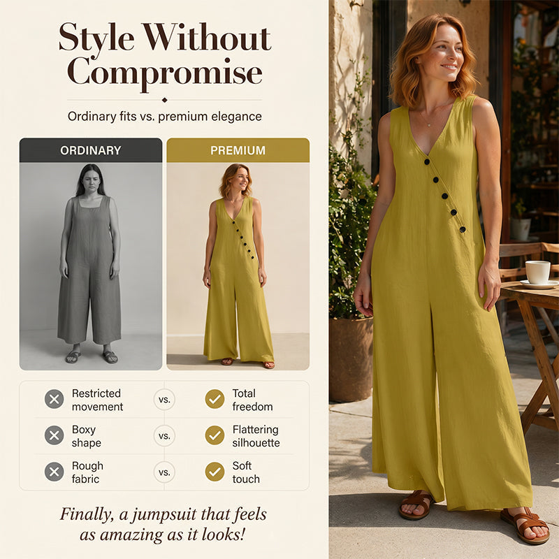🌸 Elegant V-hals jumpsuit med lommer og vide ben