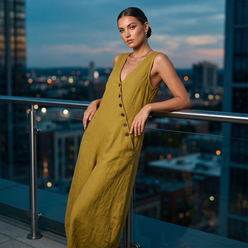 🌸 Elegant V-hals jumpsuit med lommer og vide ben