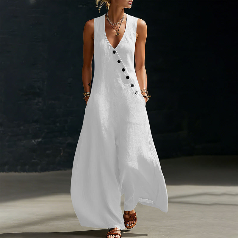 🌸 Elegant V-hals jumpsuit med lommer og vide ben