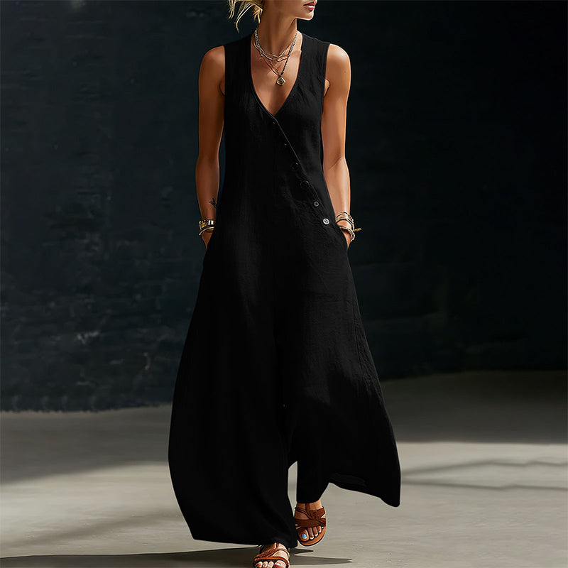 🌸 Elegant V-hals jumpsuit med lommer og vide ben