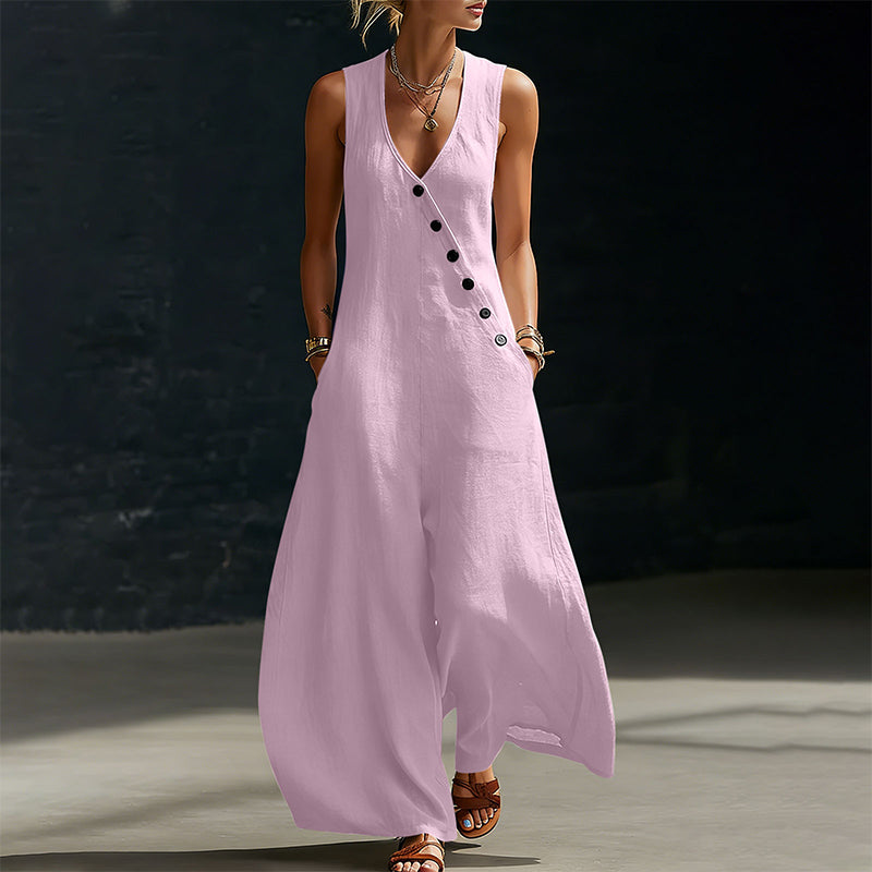 🌸 Elegant V-hals jumpsuit med lommer og vide ben