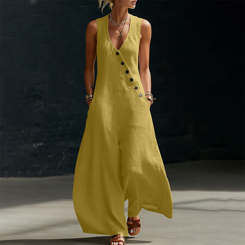 🌸 Elegant V-hals jumpsuit med lommer og vide ben