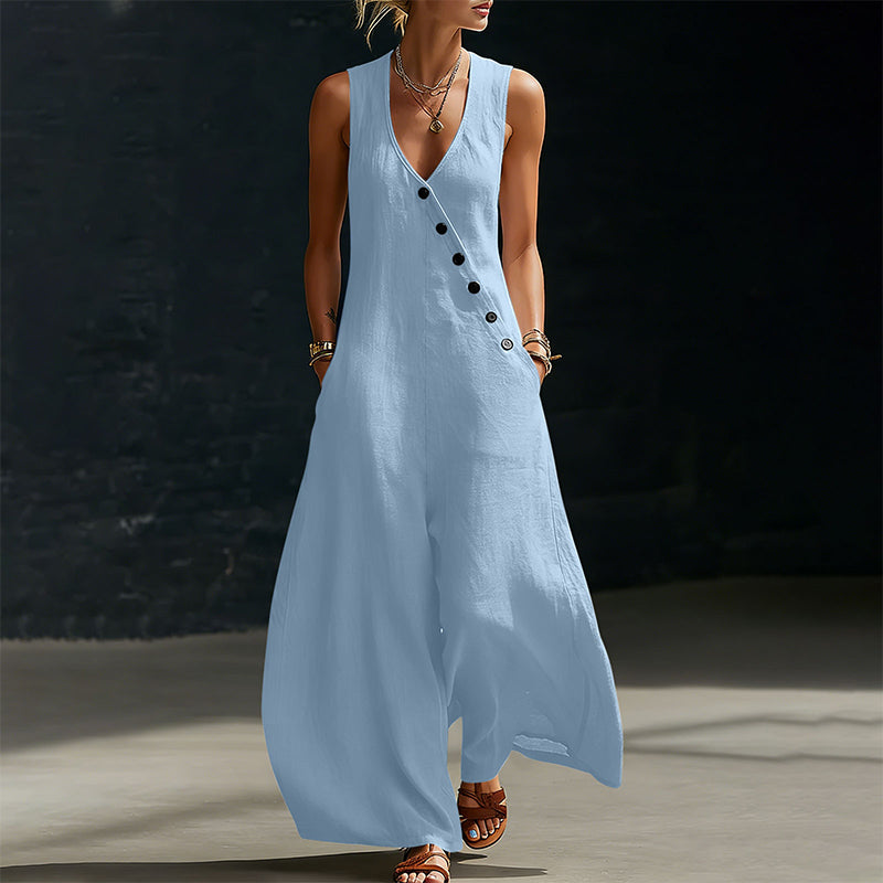 🌸 Elegant V-hals jumpsuit med lommer og vide ben