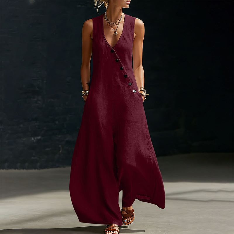 🌸 Elegant V-hals jumpsuit med lommer og vide ben