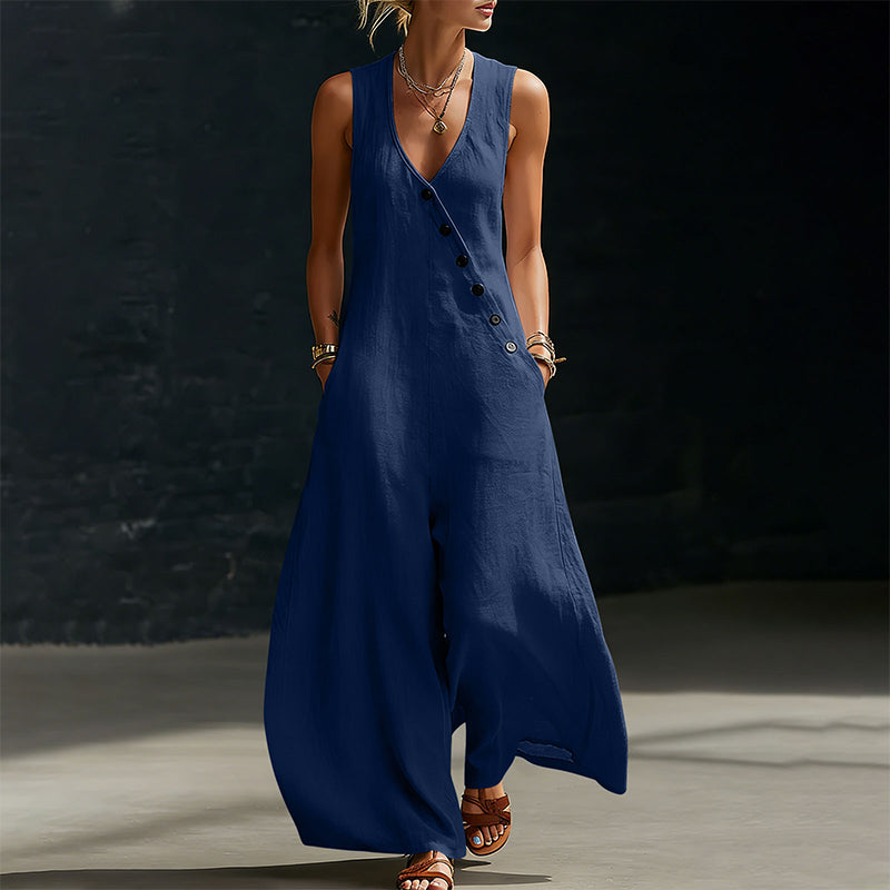 🌸 Elegant V-hals jumpsuit med lommer og vide ben