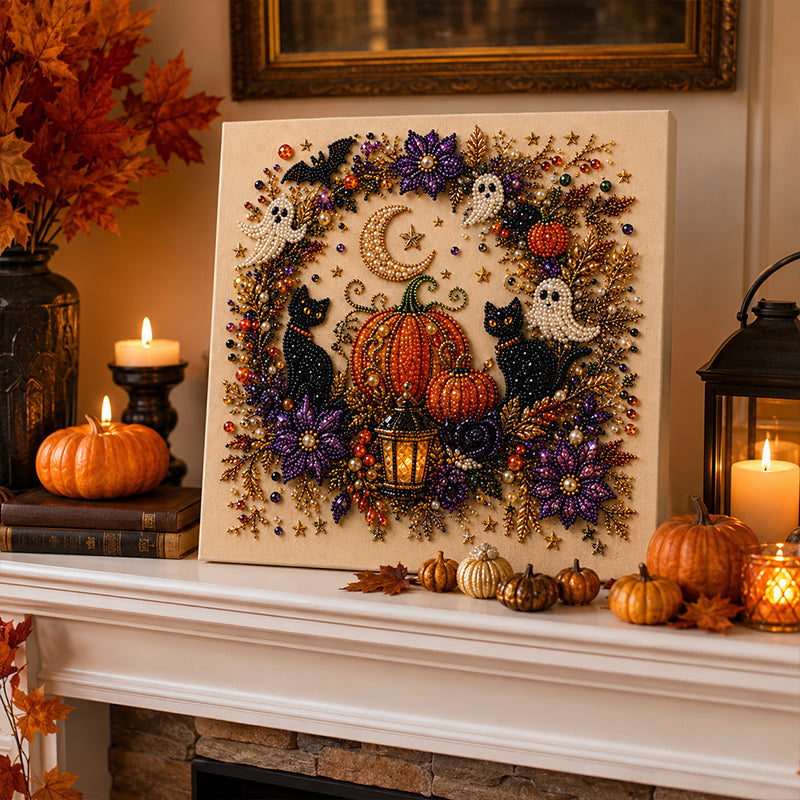 🎃 50 % RABAT NU! Halloween-DIY-sæt med spøgelsesmotiv og perler – komplet sæt med lærred, perler og lim – skab en magisk efterårsdekoration 👻✨