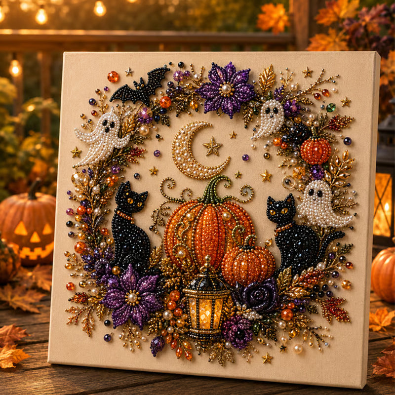 🎃 50 % RABAT NU! Halloween-DIY-sæt med spøgelsesmotiv og perler – komplet sæt med lærred, perler og lim – skab en magisk efterårsdekoration 👻✨