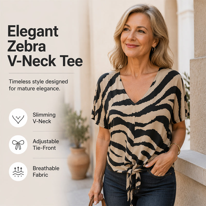 T-shirt til kvinder med V-hals, bindedetalje foran og zebraprint